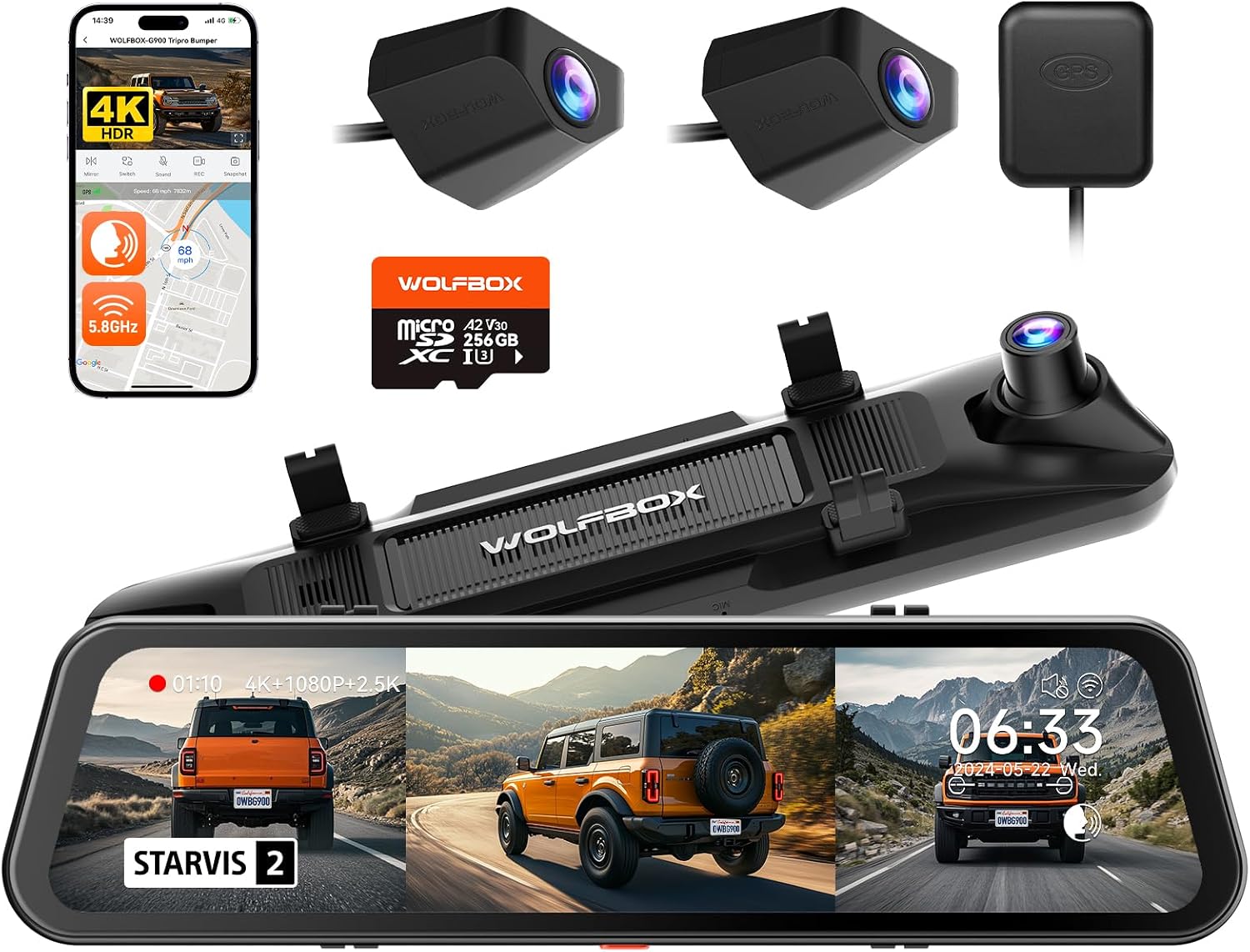 WOLFBOX G900 Tripro Bumper 3 Channel 4K Mirror Dash Cam,8MP STARVIS…