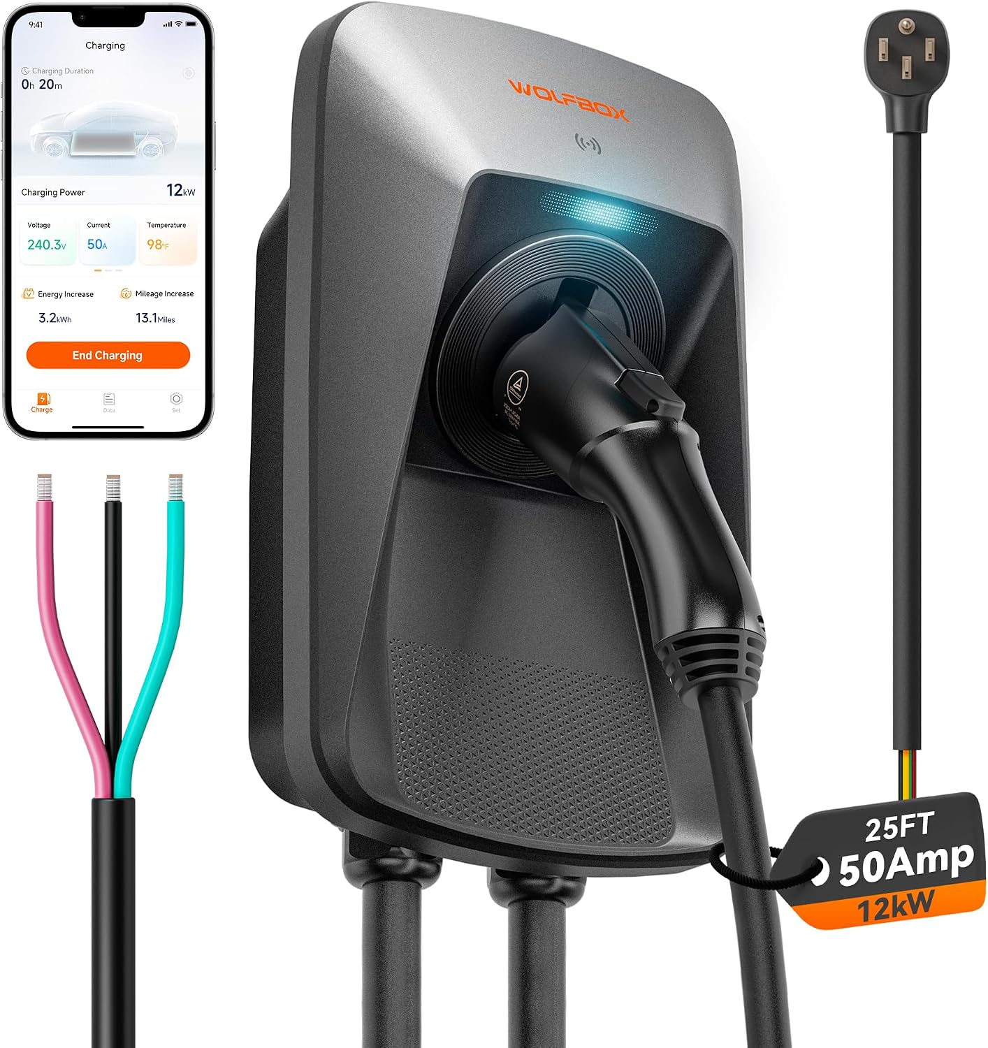 WOLFBOX 50amp Level 2 EV Charger,Hardwired with J1772…